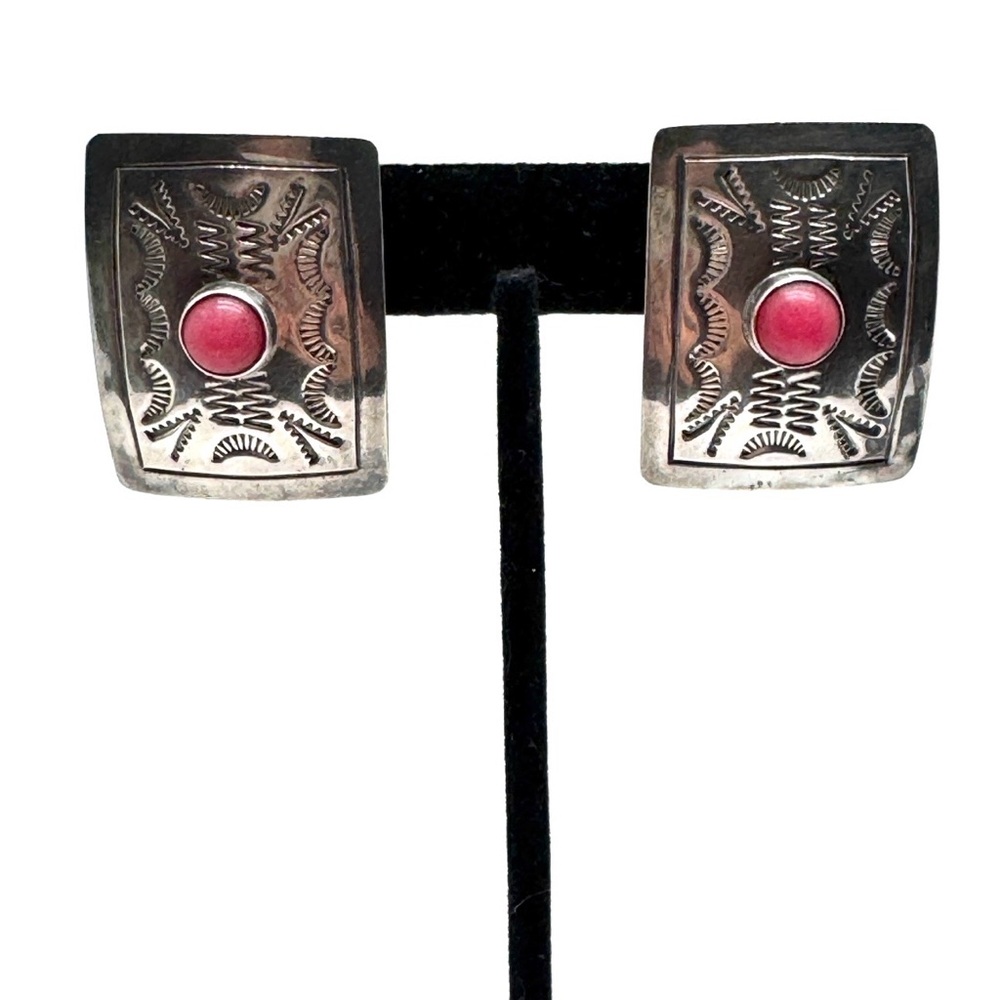 Taxco Sterling Silver and Pink Rhodochrosite Stone Post Earrings - Picture 2 of 12